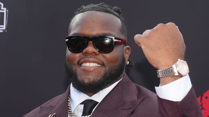 Apr 23, 2026; Pittsburgh, PA, USA; Ohio State Buckeyes defensive tackle Kayden McDonald poses on the red carpet before the 2026 NFL Draft at Point State Park. Mandatory Credit: Kirby Lee-Imagn Images