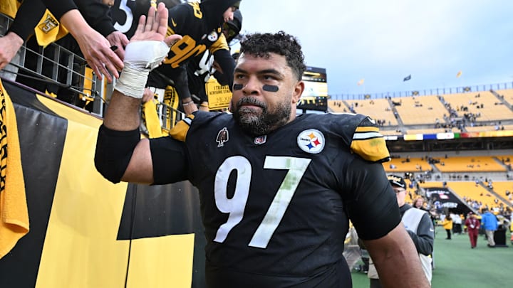 Nov 2, 2025; Pittsburgh, Pennsylvania, USA; Pittsburgh Steelers defensive tackle Cameron Heyward (97) greets fans after he game against the Indianapolis Colts at Acrisure Stadium. Mandatory Credit: Barry Reeger-Imagn Images