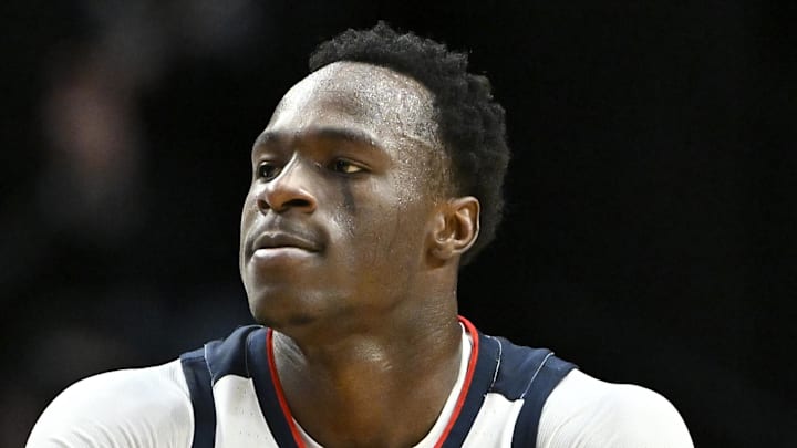 Mar 21, 2026; Portland, OR, USA; Gonzaga Bulldogs forward Emmanuel Innocenti (5) reacts after a basket in the first half against the Texas Longhorns during a second round game of the men's 2026 NCAA Tournament at Moda Center. Mandatory Credit: Craig Strobeck-Imagn Images