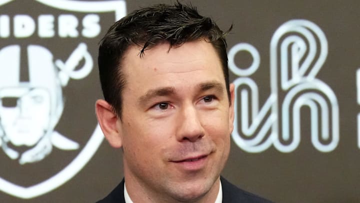 Feb 10, 2026; Henderson, NV, USA; Las Vegas Raiders coach Klint Kubiak speaks at introductory press conference at Intermountain Health Performance Center. Mandatory Credit: Kirby Lee-Imagn Images Feb 10, 2026; Henderson, NV, USA; Las Vegas Raiders coach Klint Kubiak speaks at introductory press conference at Intermountain Health Performance Center. Mandatory Credit: Kirby Lee-Imagn Images