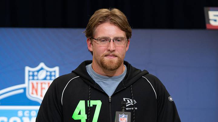 Feb 28, 2026; Indianapolis, IN, USA; Florida offensive lineman Jake Slaughter (OL47) speaks to members of the media during the NFL Combine at the Indiana Convention Center. Mandatory Credit: Jacob Musselman-Imagn Images