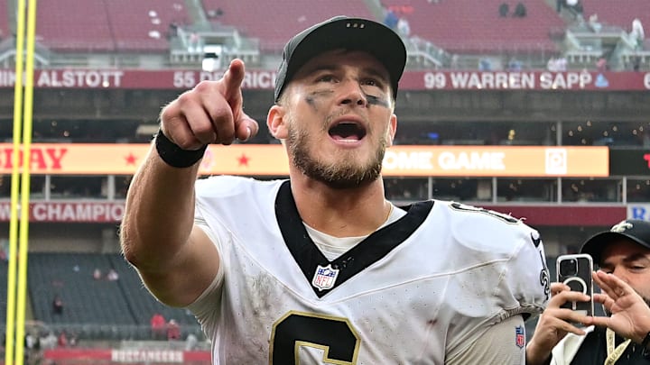 New Orleans Saints QB Tyler Shough (6) celebrates after beating the Tampa Bay Buccaneers on Dec. 7, 2025.