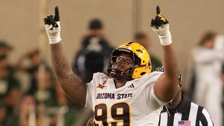 Sep 20, 2025; Waco, Texas, USA; Arizona State Sun Devils defensive lineman C.J. Fite (99) reacts after a sack against Baylor Bears quarterback Sawyer Robertson (13) during the second half at McLane Stadium. Mandatory Credit: Chris Jones-Imagn Images