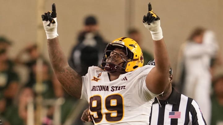 Sep 20, 2025; Waco, Texas, USA; Arizona State Sun Devils defensive lineman C.J. Fite (99) reacts after a sack against Baylor Bears quarterback Sawyer Robertson (13) during the second half at McLane Stadium. Mandatory Credit: Chris Jones-Imagn Images