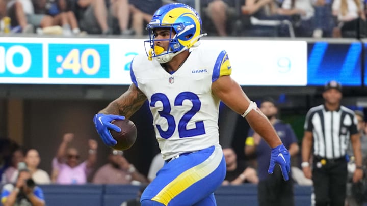 Aug 9, 2025; Inglewood, California, USA; Los Angeles Rams running back Cody Schrader (32) scores on a 9-yard touchdown reception in the fourth quarter against the Dallas Cowboys at SoFi Stadium. Aug 9, 2025; Inglewood, California, USA; Los Angeles Rams running back Cody Schrader (32) scores on a 9-yard touchdown reception in the fourth quarter against the Dallas Cowboys at SoFi Stadium.