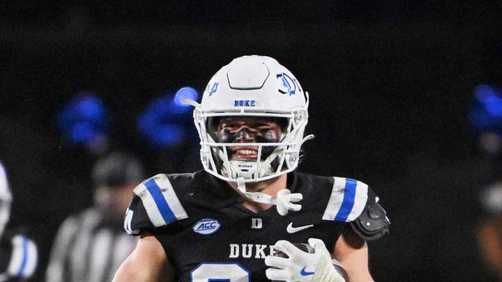 Nov 29, 2025; Durham, North Carolina, USA;  Duke Blue Devils linebacker Luke Mergott (34) reacts after recovering a fumble against the Wake Forest Demon Deacons during the fourth quarter at Wallace Wade Stadium. Mandatory Credit: Zachary Taft-Imagn Images