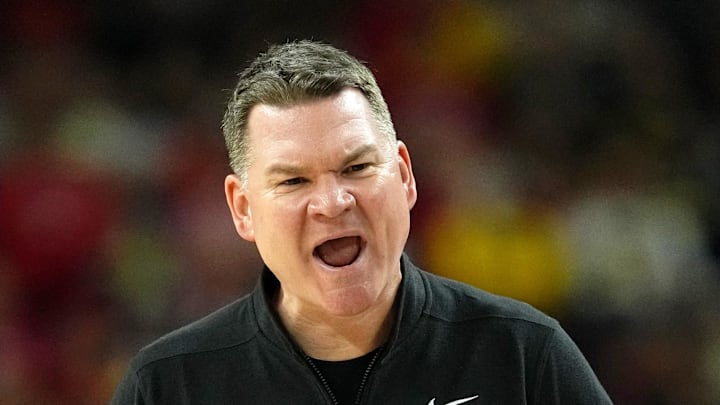 Apr 4, 2026; Indianapolis, IN, USA; Arizona Wildcats head coach Tommy Lloyd reacts during the second half in a semifinal of the Final Four of the men's 2026 NCAA Tournament at Lucas Oil Stadium. Mandatory Credit: Bob Donnan-Imagn Images