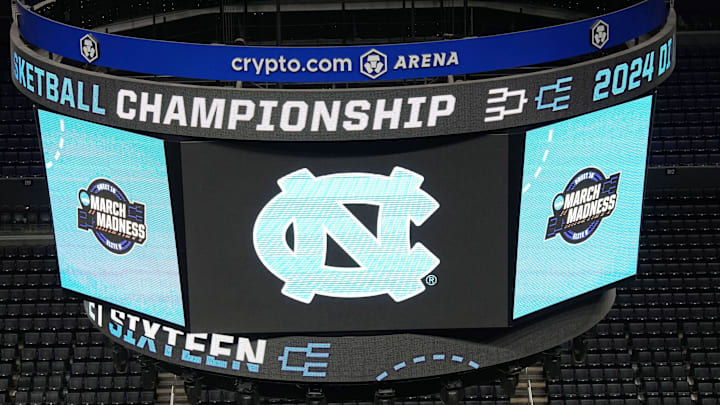 Mar 27, 2024; Los Angeles, CA, USA; The North Carolina Tar Heels logo on the video board during practice prior to NCAA Tournament at West Regional at Crypto.com Arena. Mandatory Credit: Kirby Lee-Imagn Images