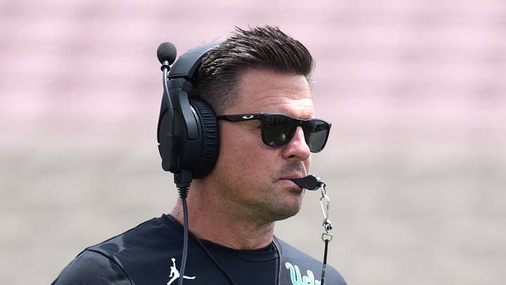 May 2, 2026; Pasadena, CA, USA; UCLA Bruins coach Bob Chesney reacts during the spring game at Rose Bowl. Mandatory Credit: Kirby Lee-Imagn Images