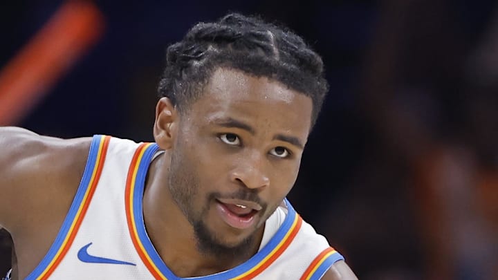 Mar 27, 2025; Oklahoma City, Oklahoma, USA; Oklahoma City Thunder guard Cason Wallace (22): Alonzo Adams-Imagn Images