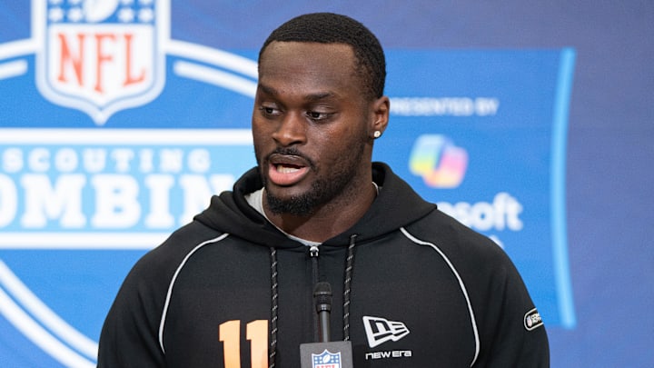 Feb 27, 2026; Indianapolis, IN, USA; Notre Dame running back Jeremiyah Love (RB11) speaks to members of the media during the NFL Combine at the Indiana Convention Center. Mandatory Credit: Jacob Musselman-Imagn Images Feb 27, 2026; Indianapolis, IN, USA; Notre Dame running back Jeremiyah Love (RB11) speaks to members of the media during the NFL Combine at the Indiana Convention Center. Mandatory Credit: Jacob Musselman-Imagn Images
