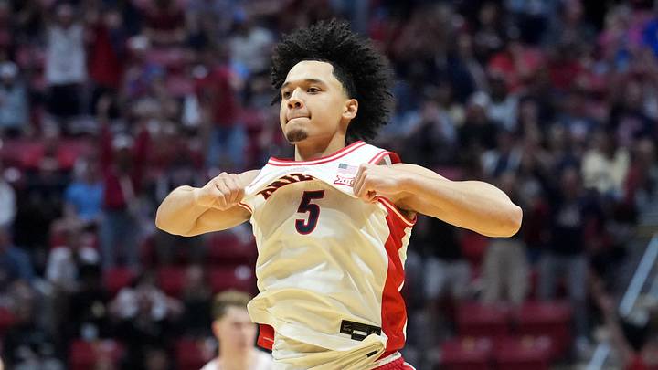 Mar 22, 2026; San Diego, CA, USA; Arizona Wildcats guard Brayden Burries (5) reacts in the second half against the Utah State Aggies during a second round game of the men's 2026 NCAA Tournament at Viejas Arena. Mandatory Credit: Kirby Lee-Imagn Images