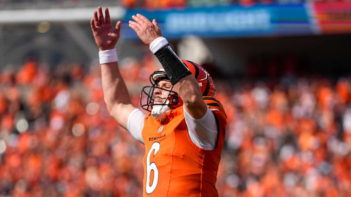Cincinnati Bengals quarterback Jake Browning (6) celebrates his go-ahead touchdown run in the fourth quarter of the NFL Week 2 game between the Cincinnati Bengals and the Jacksonville Jaguars at Paycor Stadium in downtown Cincinnati on Sunday, Sept. 14, 2025. The Bengals came back from a halftime deficit to win 31-27. Cincinnati Bengals quarterback Jake Browning (6) celebrates his go-ahead touchdown run in the fourth quarter of the NFL Week 2 game between the Cincinnati Bengals and the Jacksonville Jaguars at Paycor Stadium in downtown Cincinnati on Sunday, Sept. 14, 2025. The Bengals came back from a halftime deficit to win 31-27.