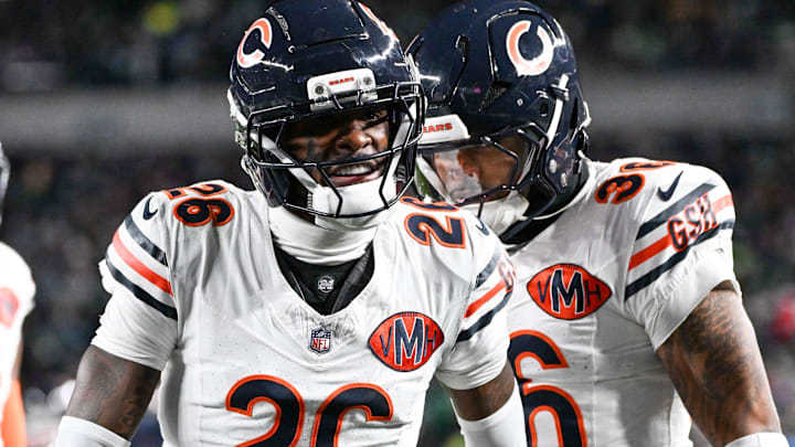 Nov 28, 2025; Philadelphia, Pennsylvania, USA; Chicago Bears cornerback Nahshon Wright (26) celebrates after recovering a fumble against the Philadelphia Eagles during the third quarter of the game at Lincoln Financial Field. Nov 28, 2025; Philadelphia, Pennsylvania, USA; Chicago Bears cornerback Nahshon Wright (26) celebrates after recovering a fumble against the Philadelphia Eagles during the third quarter of the game at Lincoln Financial Field.