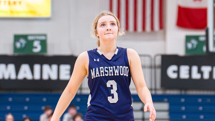 Marhswood's Natalie Lathrop hit the first buzzer-beater of the 2026 Maine High School Basketball Tournament.