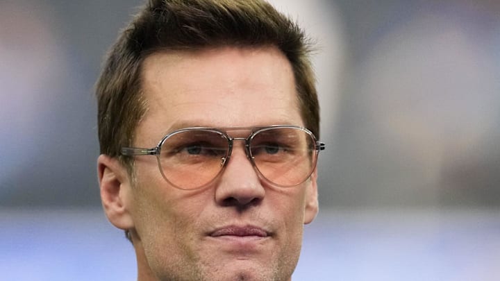 Dec 14, 2025; Inglewood, California, USA; Fox broadcaster Tom Brady is seen prior to the game between the Detroit Lions and the Los Angeles Rams at SoFi Stadium. Mandatory Credit: Kirby Lee-Imagn Images