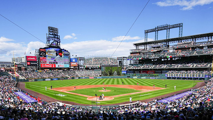 Sep 21, 2025; Denver, Colorado, USA; General wide angle view of Coors Field during the game between the Los Angeles Angels against the Colorado Rockies. Mandatory Credit: Ron Chenoy-Imagn Images