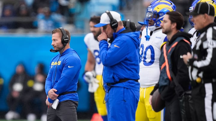 Nov 30, 2025; Charlotte, North Carolina, USA; Los Angeles Rams head coach Sean McVay looks on during the first quarter against the Carolina Panthers at Bank of America Stadium. Mandatory Credit: Jim Dedmon-Imagn Images Nov 30, 2025; Charlotte, North Carolina, USA; Los Angeles Rams head coach Sean McVay looks on during the first quarter against the Carolina Panthers at Bank of America Stadium. Mandatory Credit: Jim Dedmon-Imagn Images