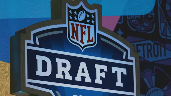 Apr 25, 2024; Detroit, MI, USA; The 2024 NFL Draft  logo on the Draft Theater stage at Campus