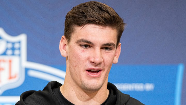 Feb 27, 2026; Indianapolis, IN, USA; Alabama quarterback Ty Simpson (QB17) speaks to members of the media during the NFL Combine at the Indiana Convention Center. Mandatory Credit: Jacob Musselman-Imagn Images