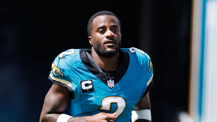 Sep 21, 2025; Jacksonville, Florida, USA; Jacksonville Jaguars cornerback Jourdan Lewis (2) exits the tunnel before the game against the Houston Texans at EverBank Stadium. Mandatory Credit: Morgan Tencza-Imagn Images