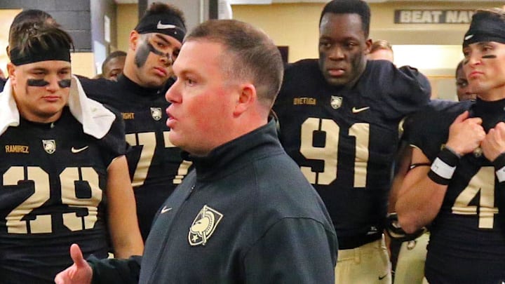 Nov 17, 2018; West Point, NY, USA; Army Black Knights defensive coordinator Jay Bateman speaks to his players in the locker room before a game against the Colgate Raiders at Michie Stadium. Mandatory Credit: Danny Wild-Imagn Images