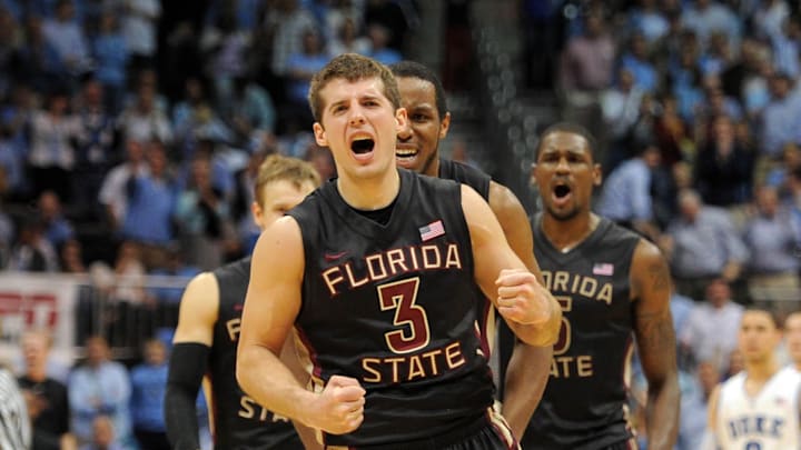 Mar 10, 2012; Atlanta, GA, USA;  Florida State Seminoles guard Luke Loucks (3) reacts after hitting a basket to put the Seminoles up by 3 with 13.4 seconds remaining against the Duke Blue Devils during the semi-finals of  the 2012 ACC Men's Basketball Tournament at Philips Arena. Mandatory Credit: Bob Donnan-Imagn Images