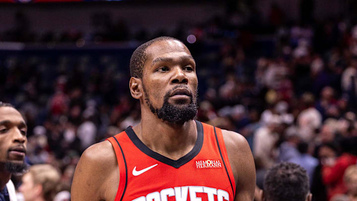 Dec 18, 2025; New Orleans, Louisiana, USA;  Houston Rockets forward Kevin Durant (7) leaves the court after the game against the New Orleans Pelicans at Smoothie King Center. Mandatory Credit: Stephen Lew-Imagn Images