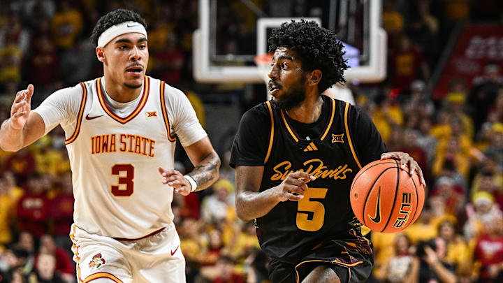Mar 7, 2026; Ames, Iowa, USA; Arizona State Sun Devils guard Maurice Odum (5) is defended by Iowa State Cyclones guard Tamin Lipsey (3) during the second half at James H. Hilton Coliseum. Mandatory Credit: Jeffrey Becker-Imagn Images