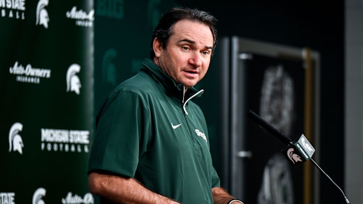 Michigan State coach Jonathan Smith talks the media on the first national signing day for college football recruits Wednesday, Dec. 4, 2024, at Spartan Stadium in East Lansing.