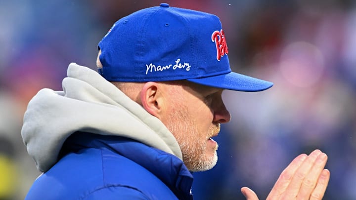 Former Buffalo Bills head coach Sean McDermott looks on during warmups before the game against the New York Jets 