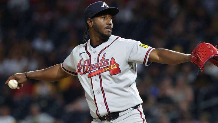Jul 7, 2026; Pittsburgh, Pennsylvania, USA;  Atlanta Braves position player Jorge Mateo (2) pitches against the Pittsburgh Pirates during the eighth inning at PNC Park. Mandatory Credit: Charles LeClaire-Imagn Images