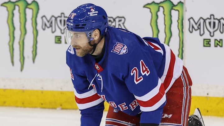 Jan 14, 2026; New York, New York, USA;  New York Rangers defenseman Carson Soucy (24) falls to the ice after getting injured in the second period against the Ottawa Senators at Madison Square Garden. Mandatory Credit: Wendell Cruz-Imagn Images