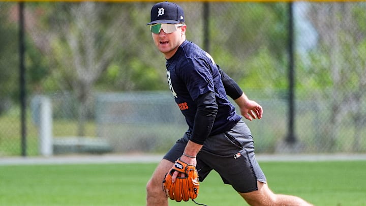 Detroit Tigers prospect Kevin McGonigle practices during spring training at TigerTown in Lakeland on Friday, Feb. 20, 2025.