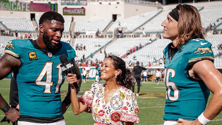 Sep 21, 2025; Jacksonville, Florida, USA; Jacksonville Jaguars defensive end Josh Hines-Allen (41) and quarterback Trevor Lawrence (16) are interviewed after the game against the Houston Texans at EverBank Stadium. Mandatory Credit: Travis Register-Imagn Images Sep 21, 2025; Jacksonville, Florida, USA; Jacksonville Jaguars defensive end Josh Hines-Allen (41) and quarterback Trevor Lawrence (16) are interviewed after the game against the Houston Texans at EverBank Stadium. Mandatory Credit: Travis Register-Imagn Images