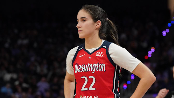May 21, 2025; San Francisco, California, USA;  Washington Mystics guard Sonia Citron (22) waits for play to resume against the Golden State Valkyries in the fourth quarter at Chase Center. Mandatory Credit: David Gonzales-Imagn Images