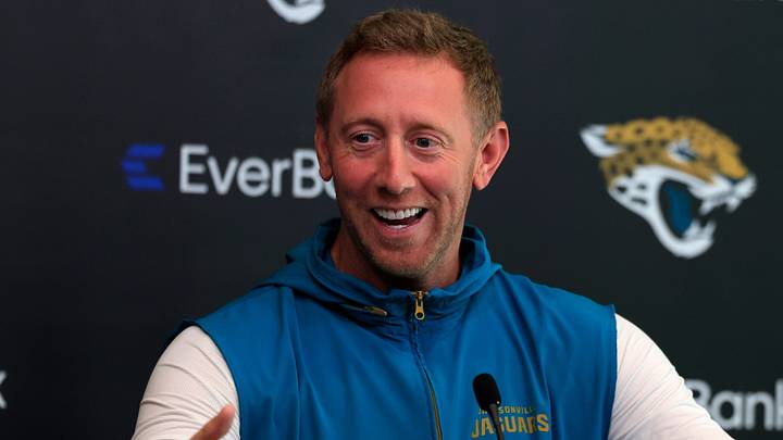 Jacksonville Jaguars head coach Liam Coen speaks during a press conference at the Miller Electric Center, Monday, April 20, 2026 in Jacksonville, Fla.