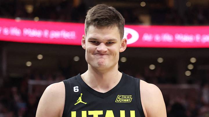 Feb 1, 2023; Salt Lake City, Utah, USA; Utah Jazz center Walker Kessler (24) reacts to a play against the Toronto Raptors in the fourth quarter at Vivint Arena. Mandatory Credit: Rob Gray-USA TODAY Sports