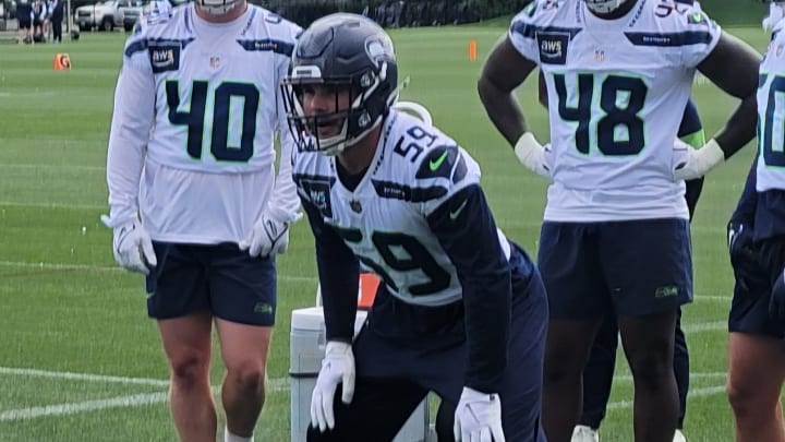 Seattle Seahawks linebacker Jon Rhattigan prepares for a drill during  mandatory minicamp at the VMAC.