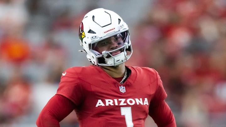 Aug 9, 2025; Glendale, Arizona, USA; Arizona Cardinals quarterback Kyler Murray (1) reacts after a yellow penalty flag is thrown against the Kansas City Chiefs during a preseason NFL game at State Farm Stadium. Mandatory Credit: Mark J. Rebilas-Imagn Images