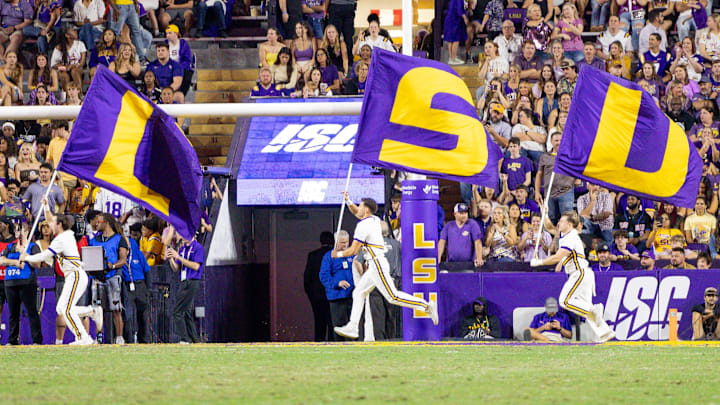 LSU Tigers cheerleaders run banners in the end zone after a touchdown against the Western Kentucky Hilltoppers