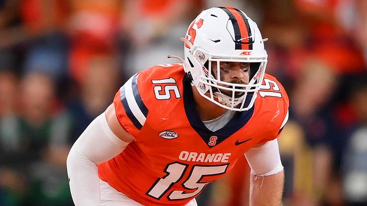 Sep 9, 2023; Syracuse, New York, USA; Syracuse Orange linebacker Derek McDonald (15) against the Western Michigan Broncos during the first half at the JMA Wireless Dome. Mandatory Credit: Rich Barnes-USA TODAY Sports Sep 9, 2023; Syracuse, New York, USA; Syracuse Orange linebacker Derek McDonald (15) against the Western Michigan Broncos during the first half at the JMA Wireless Dome. Mandatory Credit: Rich Barnes-USA TODAY Sports