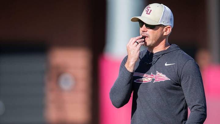 Florida State head coach Mike Norvell leads practice