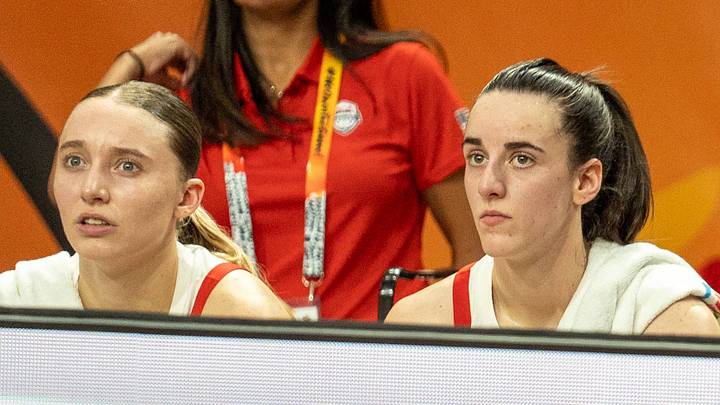 Caitlin Clark and Paige Bueckers look on during Team USA's FIBA World Cup game against China. Caitlin Clark and Paige Bueckers look on during Team USA's FIBA World Cup game against China.
