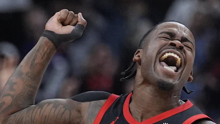 Toronto Raptors guard Jamal Shead reacts after a play against the Cleveland Cavaliers.