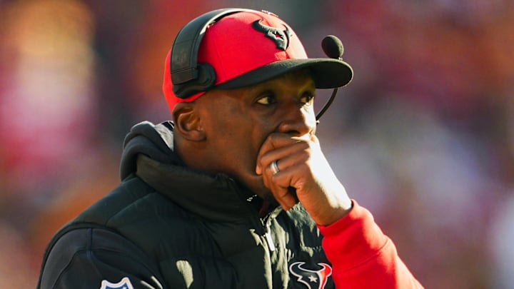 Houston Texans head coach DeMeco Ryans reacts after an injury to wide receiver Tank Dell (not pictured) during the second half against the Kansas City Chiefs at GEHA Field at Arrowhead Stadium.