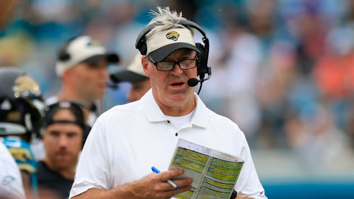 Jacksonville Jaguars head coach Doug Pederson looks on during the fourth quarter of an NFL football matchup Sunday, Oct. 6, 2024 at EverBank Stadium in Jacksonville, Fla. The Jaguars edged the Colts on a field goal 37-34. [Corey Perrine/Florida Times-Union]