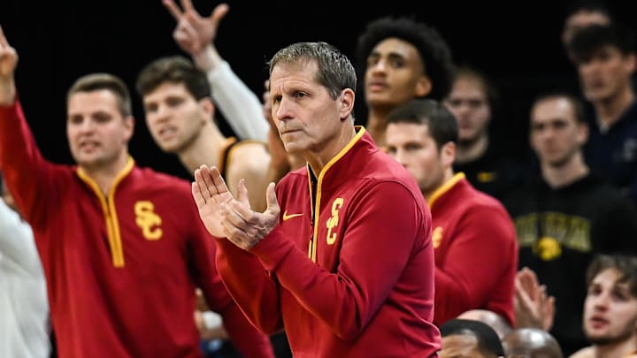 Jan 28, 2026; Iowa City, Iowa, USA; Southern California Trojans head coach Eric Musselman reacts during the first half against the Iowa Hawkeyes at Carver-Hawkeye Arena. 