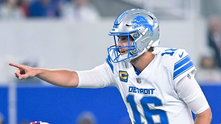 Sep 17, 2026; Orchard Park, New York, USA; Detroit Lions quarterback Jared Goff (16) at the line of scrimmage with guard Ben Bartch (78) against the Buffalo Bills in the first half at New Highmark Stadium. Mandatory Credit: Mark Konezny-Imagn Images