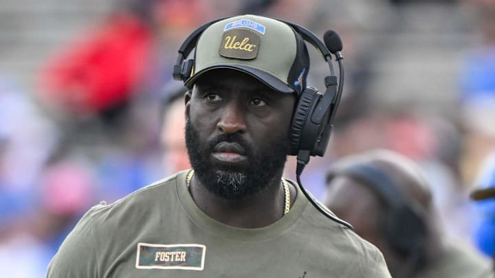 Nov 30, 2024; Pasadena, California, USA; UCLA Bruins head coach DeShaun Foster on the sidelines during the third quarter against the Fresno State Bulldogs at Rose Bowl. Mandatory Credit: Robert Hanashiro-Imagn Images